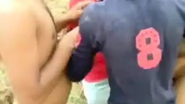 Small college girl caugt by three guys and they suck and kiss