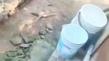 Young maid nude bath and drying her body with towel