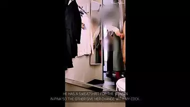 DRESSING ROOM: double handjob with blowjob cumshot. Two sluts vs my cock.